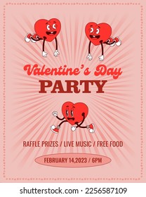 Valentine’s Party Poster template. Vector illustration with funny hippies emoji in trendy retro flat style
