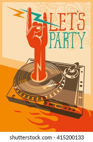 Party poster with turntable. Vector illustration.