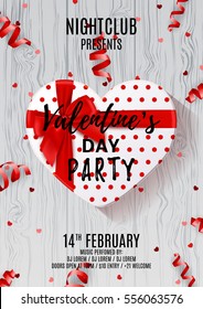 Party poster for Valentine's Day. Beautiful poster with white gift box in the form of heart. Vector illustration with serpentine and confetti on wooden texture. Invitation to nightclub.