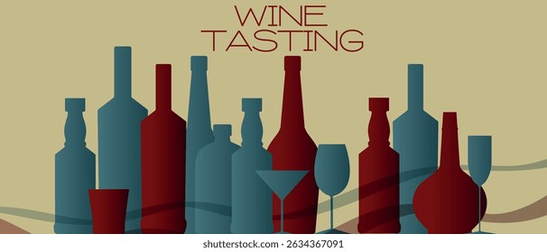 Cartaz da festa, lista de vinhos, bar, garrafa de álcool e conjunto de copos. Vetor design degustação de vinho, sommelier, vinho tinto, conhaque, conhaque