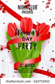 Party poster for Women's Day. Beautiful poster with red tulip and satin ribbon. Vector illustration with serpentine and confetti on wooden texture. Invitation to nightclub.