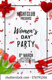 Party poster for Women's Day. Top view on composition with red tulips, gift boxes, case for ring, candles and confetti. Vector illustration with serpentine on wooden texture. Invitation to nightclub.