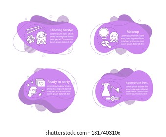 Party preparation concept illustrations. Beauty salon infographic template. Fluid elements with text and icons. Fashionable hairstyle, makeup, dress wavy bubbles steps. Presentation, banner cliparts