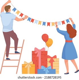 Party preparation. Man and woman decorating room for holiday isolated on white background