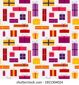 Party presents colorful seamless pattern. Flat design. Colorful wrapped. Sale, trading concept. Collection for Birthday, Christmas. Vector illustration.