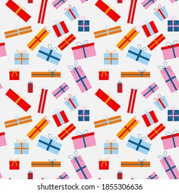 Party presents colorful seamless pattern. Flat design. Colorful wrapped. Sale, trading concept. Collection for Birthday, Christmas. Vector illustration.
