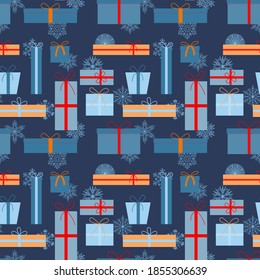 Party presents colorful seamless pattern. Flat design. Colorful wrapped. Sale, trading concept. Collection for Birthday, Christmas. Vector illustration.