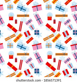La fiesta presenta un colorido patrón sin costuras. Diseño plano. Colorido envuelto. Venta, concepto de comercio. Colección para cumpleaños, Navidad. Ilustración vectorial.