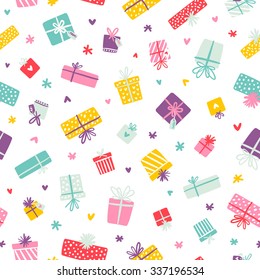 Party presents colorful seamless pattern with hearts and stars