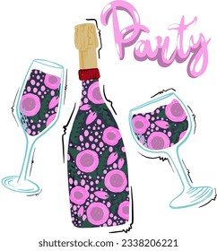 Party print with cocktails and bottle of wine for t-shirt, clothing, cards, message and more design.