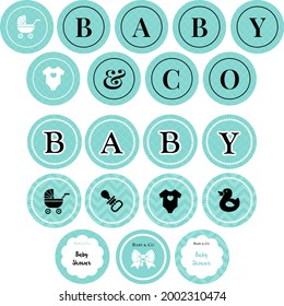 Party Printable, baby shower, tiffany blue, label vector illustration	