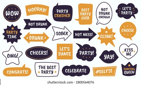 Party props. Black and yellow bubbles with funny quotes, photo booth props for masquerade, christmas and new year vector speech bubbles as party time and cheese, drunk, celebrate and sober