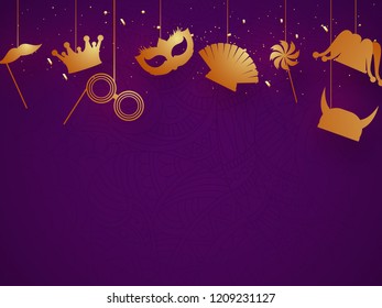Party props hang on purple background for carnival or festival celebration concept.
