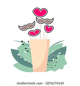 Party props: lips and mustache on sticks. Valentine's day attributes for kissing booth and photo booth. Vector illustration