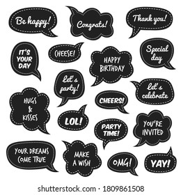 Party props. Photo booth comic speech bubbles with funny phrases for masquerade event, white congratulate text on black background christmas and new year party, birthday vector isolated set