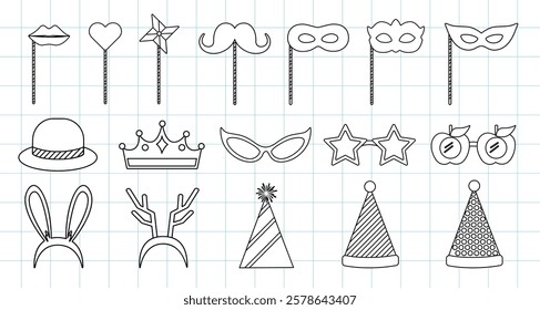 Party props set with masks, hats, and glasses. Includes mustache, crown, and star glasses. Fun party props for celebrations and photo booths. Cute vector illustration set.