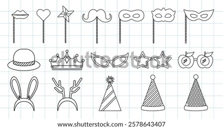 Party props set with masks, hats, and glasses. Includes mustache, crown, and star glasses. Fun party props for celebrations and photo booths. Cute vector illustration set.