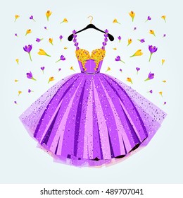 Party purple dress with flower decor. Fashion vector illustration