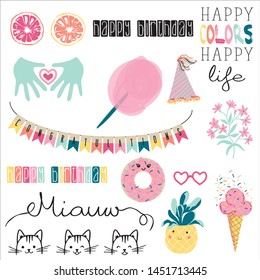 Party rainbow birthday elements vector illustrations. Happy birthday banner congratulations, flags, cotton candy, donut, ice cream, cats, colorful life