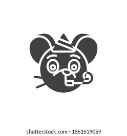 Party rat emoticon vector icon. filled flat sign for mobile concept and web design. Party mouse face emoji glyph icon. Chinese 2020 year of the rat symbol, logo illustration. Vector graphics