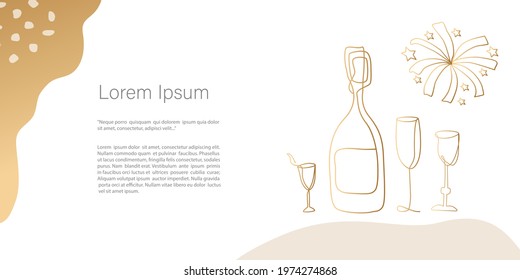 Party, reception, champagne  and alcoholic drinks. Abstract minimalistic Vector. line art drawing, abstract shape in gold color. Template with copy space for invitation, cards, banner or  poster