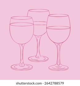 Party red line illustration on pink background. Continuous line drawing. Glasses of wine. Vector illustration.