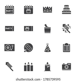 Party related vector icons set, modern solid symbol collection, filled style pictogram pack. Signs, logo illustration. Set includes icons as party event calendar, birthday cake, dj music, firecracker