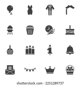 Party related vector icons set, modern solid symbol collection, filled style pictogram pack. Signs, logo illustration. Set includes icons as birthday cake, muffin with candle, balloon decoration
