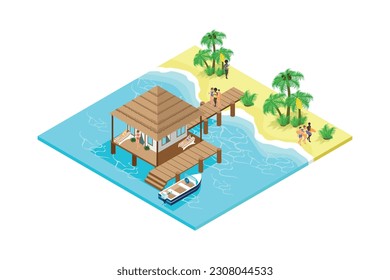 Party, Rest on the beach near the bungalows and palm trees isometric people in swimsuits with drinks near the boat. vector illustration.