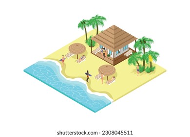 Party, Rest on the beach near bungalows and palm trees isometric people in swimsuits with drinks near sun loungers. vector illustration.