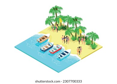 Party, Rest on the beach with palm trees isometric people in swimsuits with drinks near the boats. vector illustration.