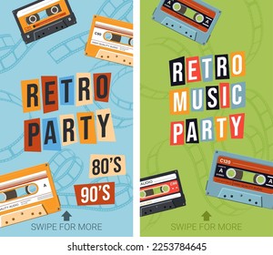 Party in retro style, old school music cassettes with tapes from 80s and 90s. Vintage recorders and songs from past, disco and dancing fun. Promotional banner or advertisement, vector in flat