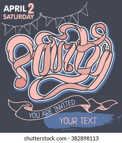 Party ribbon pink lettering invitation with banner and poster elements on navy background in outline style