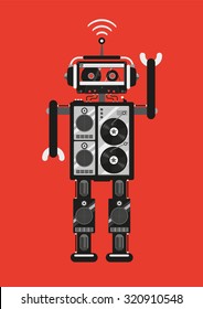 Party robot. The robot consists of audio equipment. Retro futuristic style. Template for party posters.