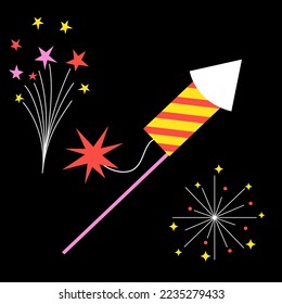 Party Rocket with bright sparkles on black background. Vector illustration of festive firework.