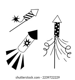 Party Rocket with bright sparkles on black background. Vector illustration of festive firework.