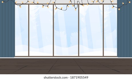 Una sala de fiestas con una gran ventana panorámica que da al bosque. Concepto de año nuevo. Vector.