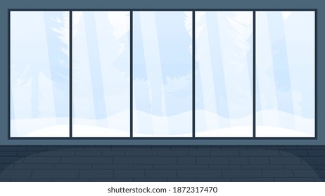 Una sala de fiestas con una gran ventana panorámica que da al bosque. Para diseño sobre el tema del año nuevo. Vector.