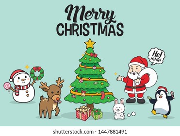 Party with Santa Claus and Friend Cartoon around The Chrismas Tree