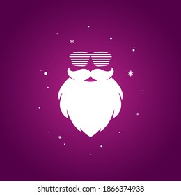 Party Santa poster. Claus face silhouette with beard and hipster disco glasses on purple background. Label for party or greeting card. Vector flat illustration. Merry christmas clip art.