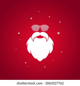 Party Santa poster. Claus face silhouette with beard and hipster disco glasses on red background. Label for party or greeting card. Vector flat illustration. Merry christmas clip art.