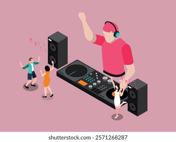 Party Scene with DJ, Turntable, Speakers, and Dancing People in Modern 3d isometric vector illustration