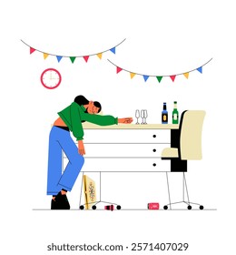  Party Scene With Female Character Sleeping On Desk In Flat Vector Illustration Symbolizing Exhaustion, Celebration, And Office Party, Isolated On White Background