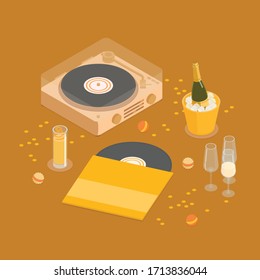 Party scene with a gramophone. Isometric vector illustration in flat design.