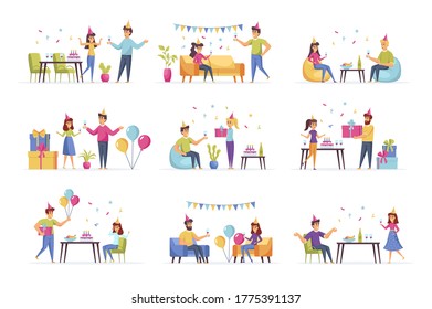 Las escenas de la fiesta se combinan con personajes de la gente. Amigos bebiendo y divirtiéndose juntos, felicitando y presentando situaciones de regalos. Fiesta de cumpleaños con decoración festiva ilustración vectorial plana.