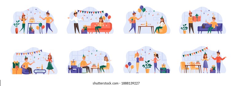 Party scenes bundle with people characters. Friends drinking and having fun together, congratulating and presenting gifts situations. Birthday party with festive decoration flat vector illustration.