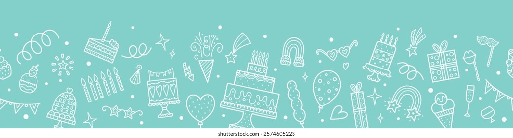 Party seamless background with cakes, gift boxes, balloons and party decoration. Great for birthday parties, textiles, banners, wallpapers, wrapping. Hand drawn elements. Vector line illustration