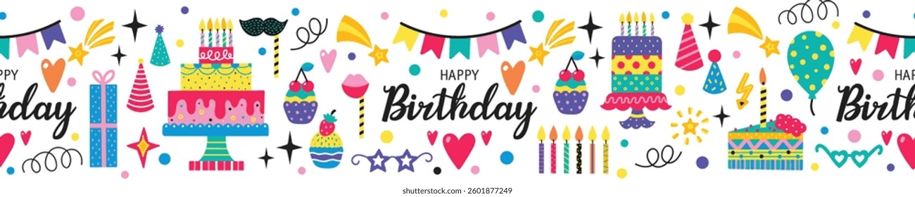 Party seamless banner with cakes, gift boxes, balloons and party decoration. Great for birthday parties, textiles, banners, wallpapers, wrapping. Hand drawn elements. Vector line illustration