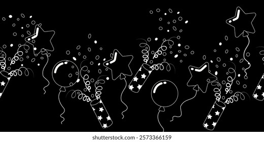 Party seamless border with confetti and balloons on black background. Black and white vector illustration for wallpaper, wrapping paper, decoration.
