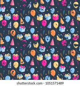 Party seamless pattern with ballons,gift box,hat on a dark background grange.Carnival background